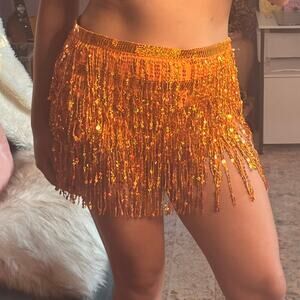 Sheer orange sequin fringe wrap skirt / top